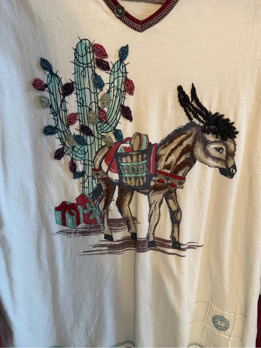 Double D Ranch Cream and Burgundy Donkey Graphic Long Sleeve Top - Picture 3 of 3